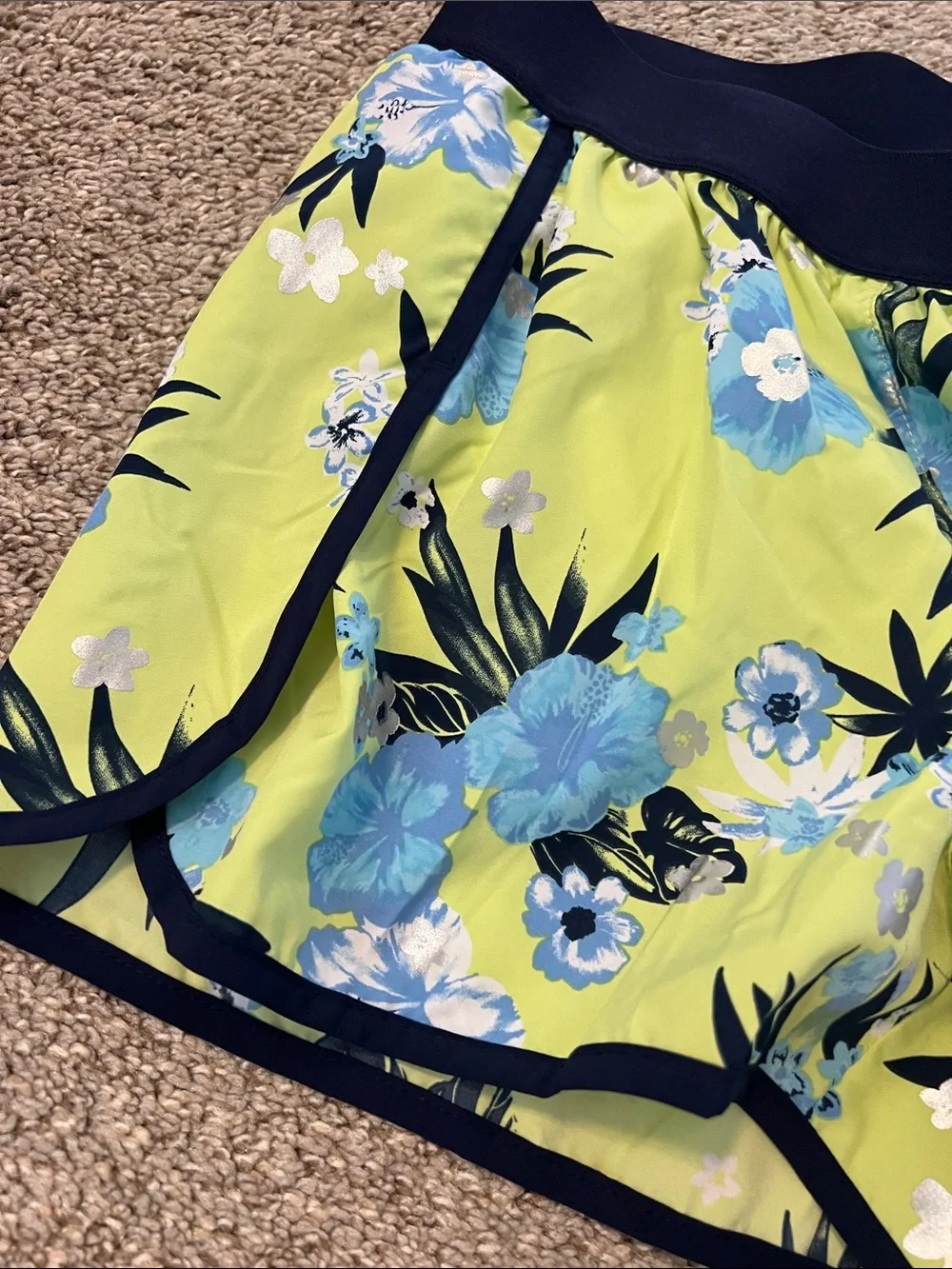Justice Lime Green Floral Athletic Shorts with Navy Trim